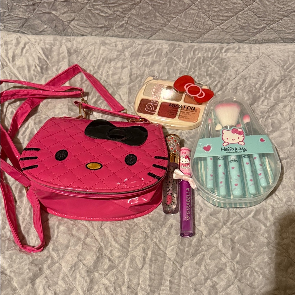 Hello Kitty Pink Quilted Crossbody purse and makeup
